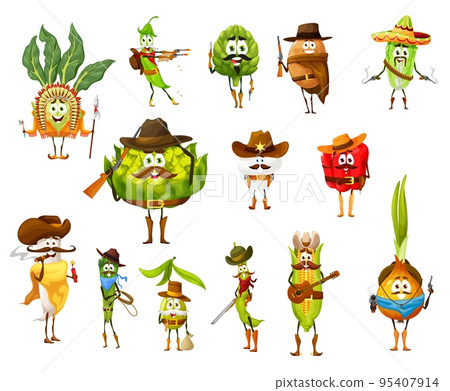 Cartoon vegetables cowboy, ranger, indian, sheriff, robber and bandit funny characters. Vector kohlrabi, cauliflower and pea, soybean pod, artichoke and potato, chinese cabbage, bell pepper, olive Cartoon vegetables cowboy, ranger, indian, sheriff, robber and bandit funny characters. Vector kohlrabi, cauliflower and pea, soybean pod, artichoke and potato, chinese cabbage, bell pepper, olive 95407914