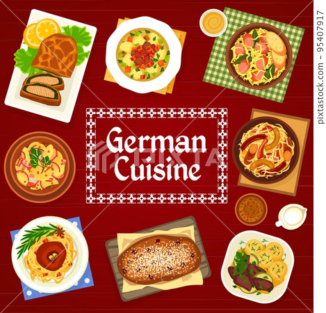 German cuisine menu cover page template. Berlin style liver, knuckle and salmon spinach pie, stew with pork sausages, sauerkraut with bacon and potato salad, vegetable soup Eintopf, Christmas Stollen 95407917
