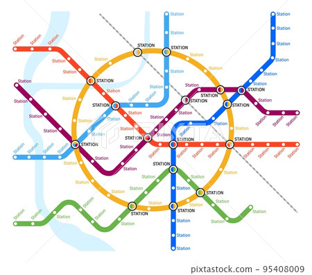 Metro, underground and subway map. Urban city railway station lines scheme. Passenger transportation infrastructure, subway lines, bus, tram or railroad stations scheme, metro network routes map 95408009