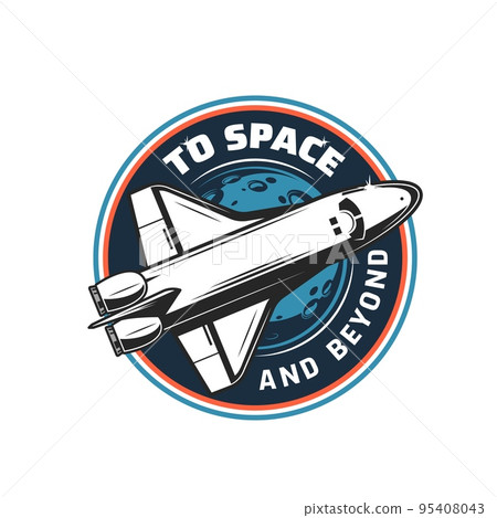 Spaceship icon of space rocket shuttle for galaxy exploration, vector symbol. Space aviation sign of spacecraft shuttle for planets discovery, lunar or mars mission and galactic spaceflight travel 95408043