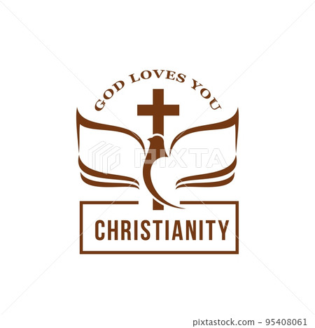 christianity religion icon with Holy Spirit dove and cross. Christian commune or church outline vector sign. Christian confession emblem or icon with pigeon bird and Bible pages 95408061
