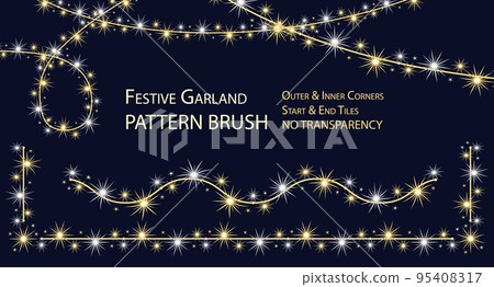 Pattern seamless brush with festive garland like sparkler. White and light yellow glowing sparkles, stars on wire strings. Full completed brush with corners, start and end tiles. No transparency 95408317