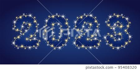 Numbers 2023 made of festivesparkling garland, little scattered stars on a blue background. No transparency effect. Vector illustration Numbers 2023 made of festivesparkling garland, little scattered stars on a blue background. No transparency effect. Vector illustration 95408320