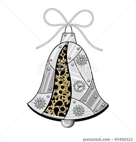Christmas bell made of shiny silver metal plates, gears, cogwheels, rivets in steampunk style. Vector illustration. 95408322