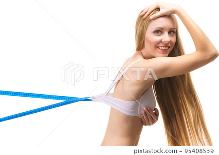 Woman wearing too big bra, loose band Woman wearing too big bra, loose band 95408539
