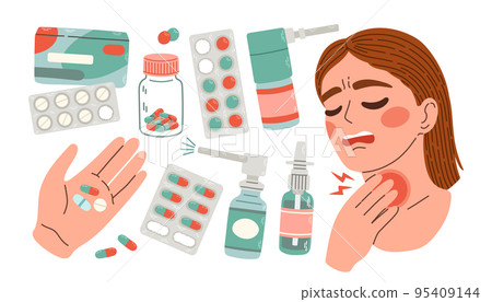 Sore throat of girl, pain and inflammation in neck. Woman holds on to her throat and medical treatment pills spray Sore throat of girl, pain and inflammation in neck. Woman holds on to her throat and medical treatment pills spray 95409144