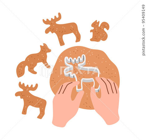 Kneading dough hands. Woman prepares homemade cookies. Top view. Cooking school. Vector illustration in flat style. Kneading dough hands. Woman prepares homemade cookies. Top view. Cooking school. Vector illustration in flat style. 95409149