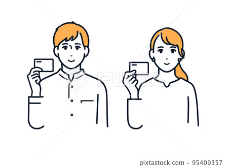 Vector illustration material of a young man and woman holding a card with a smile Vector illustration material of a young man and woman holding a card with a smile 95409357