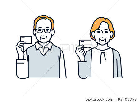 一對年長夫婦微笑著拿著卡片的矢量插圖素材 95409358