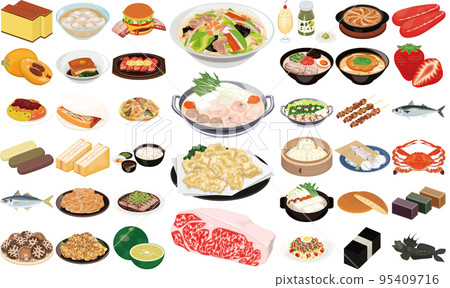 Fukuoka, Nagasaki, Oita, and Saga's popular gourmet and specialty illustrations (1) (Nagasaki champon, mizutaki, chicken tempura, Saga beef) 95409716