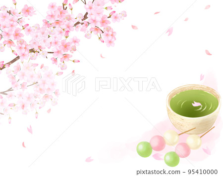 櫻桃樹和花瓣-茶和三色餃子日式插圖集-手繪材料 95410000