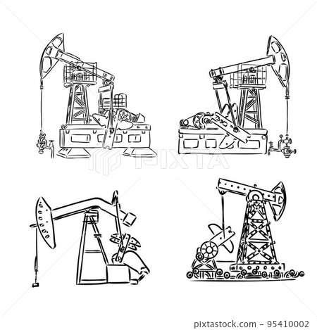 pumpin jack. profile left view. oil industry. hand drawn ink sketch. 95410002