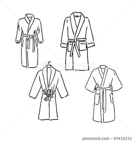 dressing gown, bathrobe fashion flat sketch vector illustration unisex self belt bathrobe template isolated illustration on white background. CAD mockup. 95410152