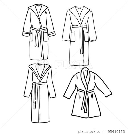dressing gown, bathrobe fashion flat sketch vector illustration unisex self belt bathrobe template isolated illustration on white background. CAD mockup. 95410153