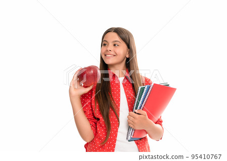 happy teenager student. high school education. schoolgirl with copybook. teen girl with notebook 95410767