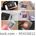 Set of photo A Persons hand holding American passport and of Europe union and boarding pass.  95410812