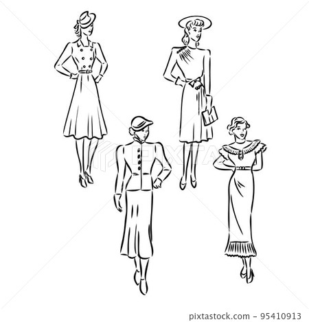 Vintage vector people set. fashion style set. Group of retro woman and man. style, sketch style, engravings with people Vintage vector people set. fashion style set. Group of retro woman and man. style, sketch style, engravings with people 95410913