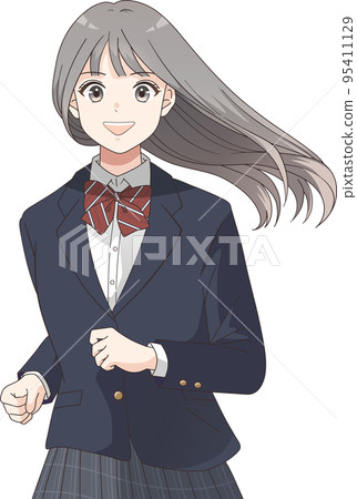 一名長發女學生的上身插圖，戴著西裝外套絲帶，微笑著奔跑 95411129