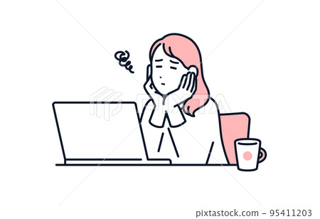 Vector illustration material of a young woman who is worried about putting her cheek in front of a computer 95411203