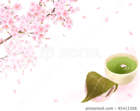 Cherry tree and petals-Japanese style illustration set of tea and kashiwa mochi-Hand drawn material 95411308