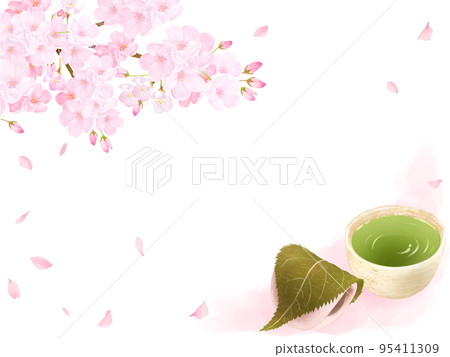 櫻桃樹和花瓣-茶和柏麻糬的日式插圖集-手繪材料 95411309