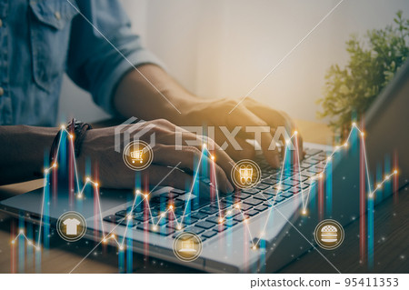 Casual Businessman Typing Laptop and Online Products Color Stock Bar Chart or Graph Trend in Vintage Tone Casual Businessman Typing Laptop and Online Products Color Stock Bar Chart or Graph Trend in Vintage Tone 95411353