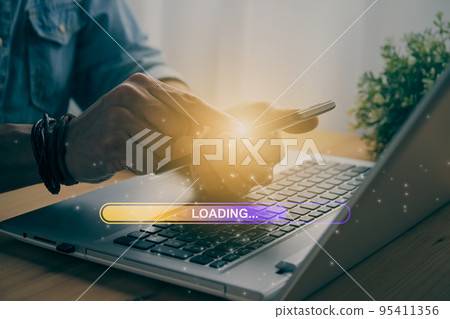Casual Businessman Touching Mobile Phone and Yellow Purple Loading Bar in Vintage Tone 95411356