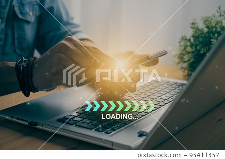 Casual Businessman Touching Mobile Phone and Turquoise Green Fishbone Loading Module in Vintage Tone Casual Businessman Touching Mobile Phone and Turquoise Green Fishbone Loading Module in Vintage Tone 95411357