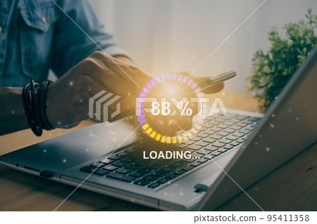 Casual Businessman Touching Mobile Phone and Purple Yellow Circle Loading in Vintage Tone 95411358