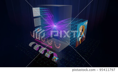 Newral net, artificial Intelligence diffusion network principle - visual art, portrait in specific style, generation by AI. 3D scheme of newral net reconstructing image from noise, text prompt and 95411797