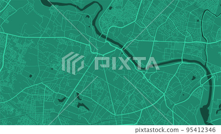 Green Lucknow city area vector background map, roads and water illustration. Widescreen proportion, digital flat design. 95412346
