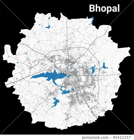 Bhopal map. Detailed map of Bhopal city administrative area. Cityscape panorama illustration. Road map with highways, streets, rivers. Bhopal map. Detailed map of Bhopal city administrative area. Cityscape panorama illustration. Road map with highways, streets, rivers. 95412357