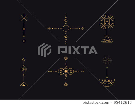 Set of moon and sun line art. Minimal boho linear symbols. Celestial mystic element. Vector line art illustration. 95412613