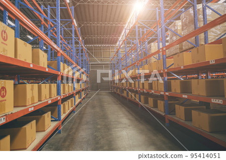 Interior warehouse large inventory products storage goods box shelves for logistics shipping background Interior warehouse large inventory products storage goods box shelves for logistics shipping background 95414051