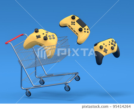 Set of flying gamer joysticks or gamepads on blue background 95414264