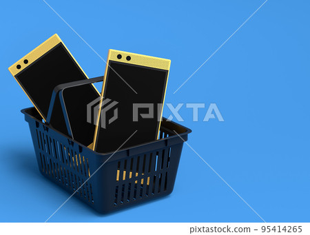 Gamer gears like mobile phones in plastic basket on blue table background Gamer gears like mobile phones in plastic basket on blue table background 95414265