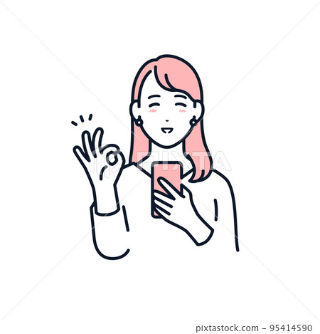 一名年輕女子手持智能手機並給出 OK 手勢的矢量插圖素材 95414590