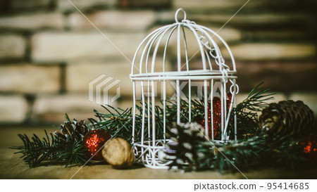 Christmas background.Christmas candle and Christmas tree decorations Christmas background.Christmas candle and Christmas tree decorations 95414685