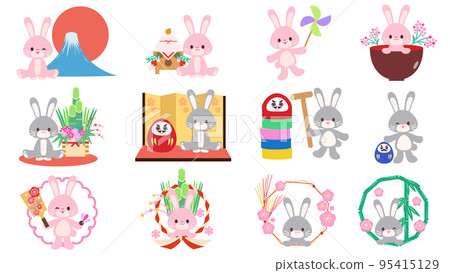 日式新年材料和兔子套裝插圖 日式新年材料和兔子套裝插圖 95415129