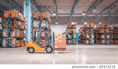 forklift with pallets inside a warehouse. 95415219