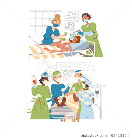 Doctor in Mask Giving Treatment to Patient Being in Hospital as Medical Staff Working in Clinic Vector Set Doctor in Mask Giving Treatment to Patient Being in Hospital as Medical Staff Working in Clinic Vector Set 95415334