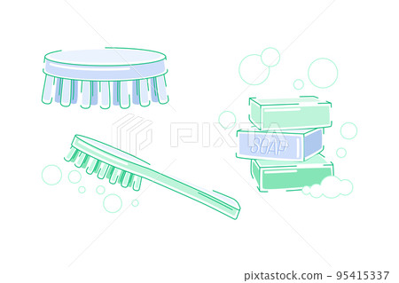 Pile of Soap Bar and Brush as Cleanup Tool and Product for Hand Washing and Hygiene Vector Set 95415337