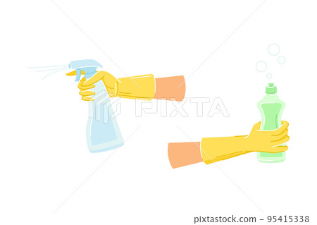 Hand in Yellow Glove Cleaning with Spray Detergent Bottle Vector Set 95415338