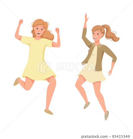 Happy Woman Character Jumping with Raised Hands Vector Set 95415349