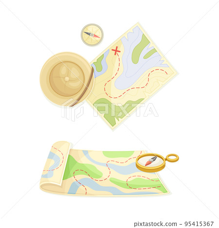 Expedition Map Depicting Geography and Route of Tourist Journey with Compass and Hat Vector Set 95415367