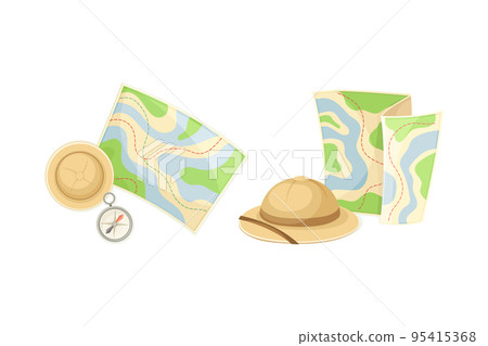 Expedition Map Depicting Geography and Route of Tourist Journey with Compass and Hat Vector Set 95415368