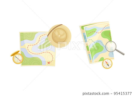 Expedition Map Depicting Geography and Route of Tourist Journey with Compass and Hat Vector Set 95415377