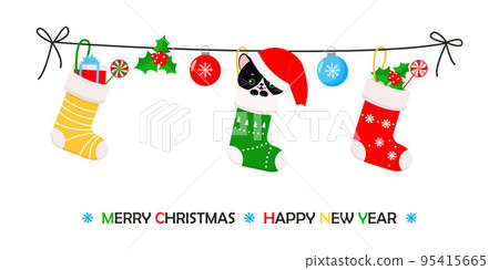 Set of Christmas stockings with gifts on white background Set of Christmas stockings with gifts on white background 95415665