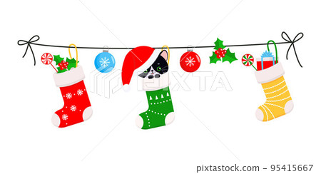 Set of Christmas stockings with gifts on white background 95415667