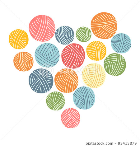 Colorful yarn balls in heart shape. Hand drawn vector illustration of knitting supplies, hobby items, needlework, leisure time concept Colorful yarn balls in heart shape. Hand drawn vector illustration of knitting supplies, hobby items, needlework, leisure time concept 95415879